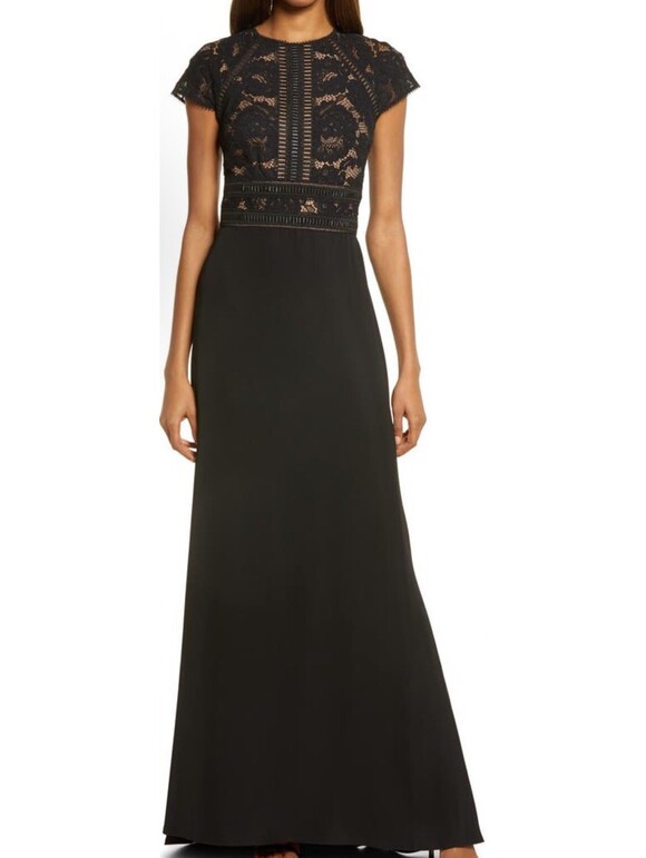 Nwt Tadashi Shoji Lace & Crepe A-Line Gown In Black/ Nude Sz 4 $358